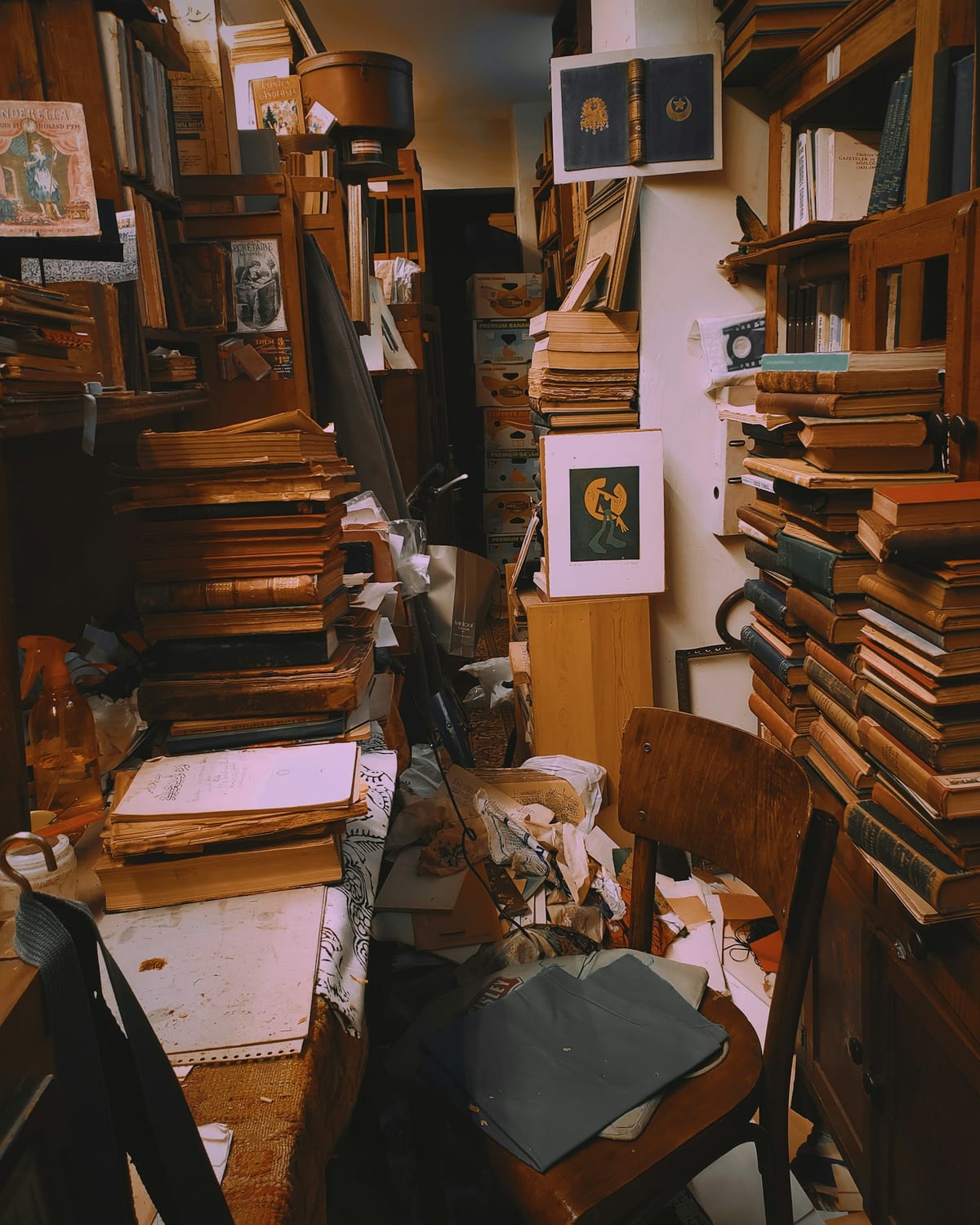Intérieur encombré de livres, papiers et mobilier ancien — chantier type de débarras pris en charge par Vortex à Lyon et métropole